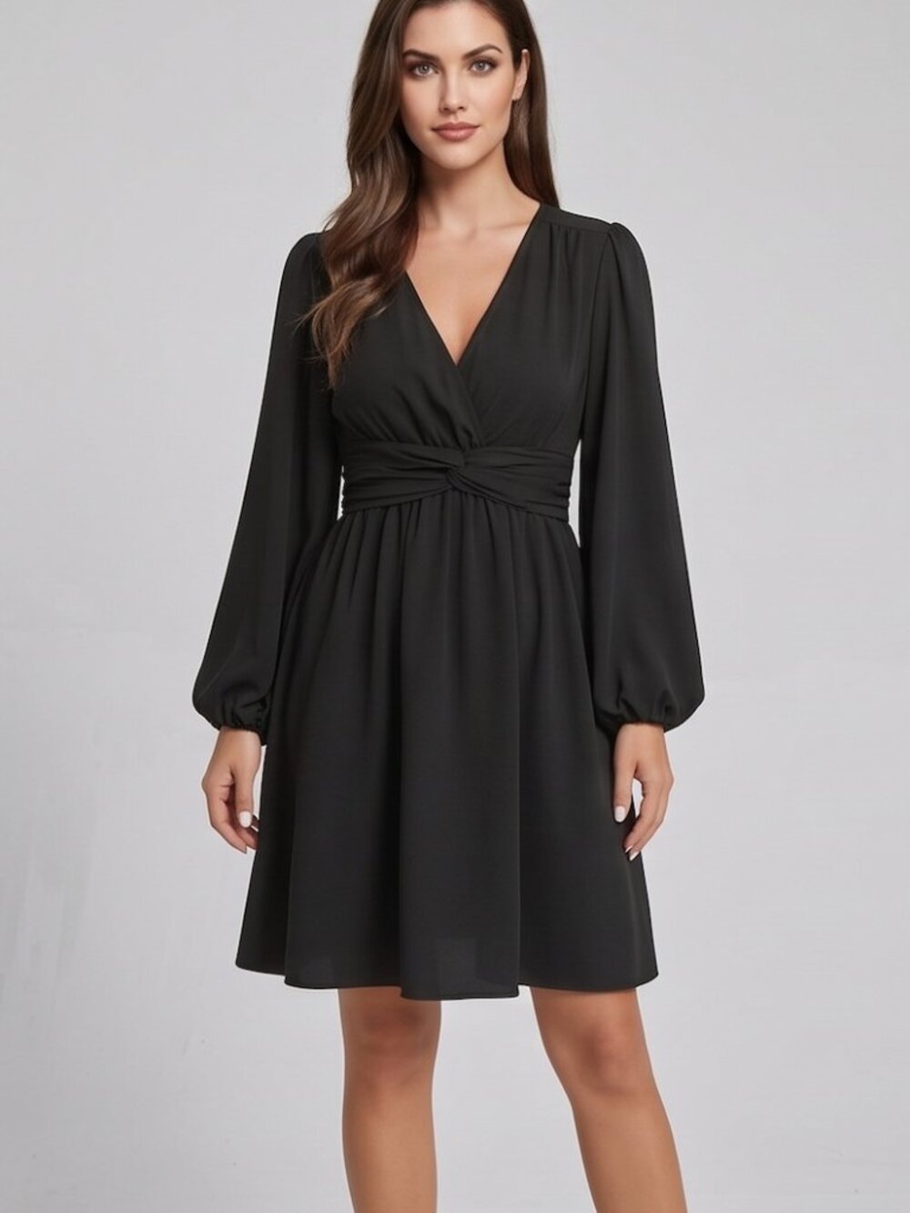 Black V-Neck Long Sleeve Cinch Waist Mini Dress | Twisted Front Detail